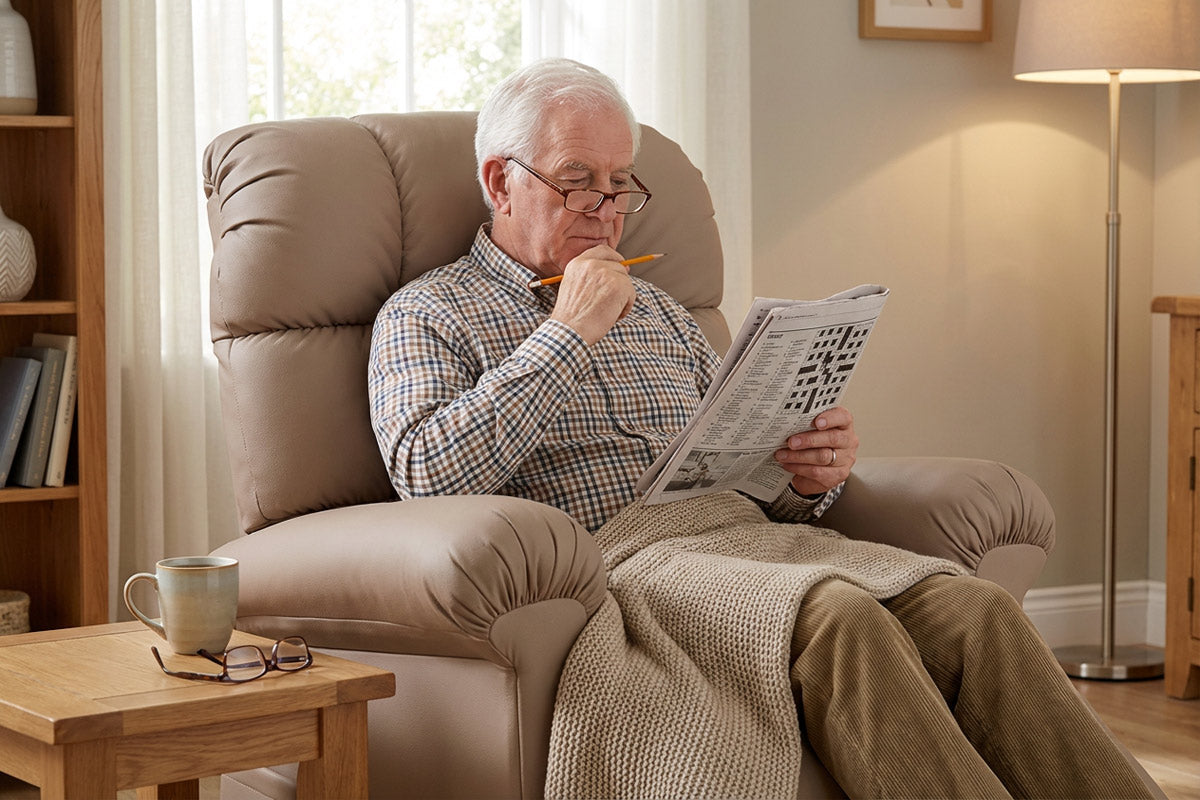 Man reading a newspaper in a Perfect Sleep Chair in a cozy living room