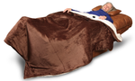 An elderly person relaxes on a Perfect Sleep Chair & Lift Chair, covered with a soft brown blanket, head on a pillow.