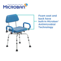The Journey SoftSecure Rotating Shower Chair with Microban Protection is a blue shower chair for seniors, featuring a foam seat and back. The image displays the Microban logo and tagline “Protection That Lives On” at the top.
