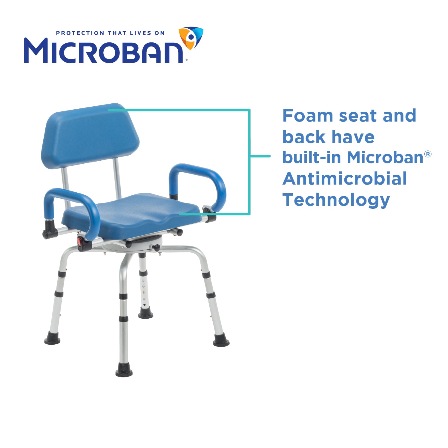 The Journey SoftSecure Rotating Shower Chair with Microban Protection is a blue shower chair for seniors, featuring a foam seat and back. The image displays the Microban logo and tagline “Protection That Lives On” at the top.