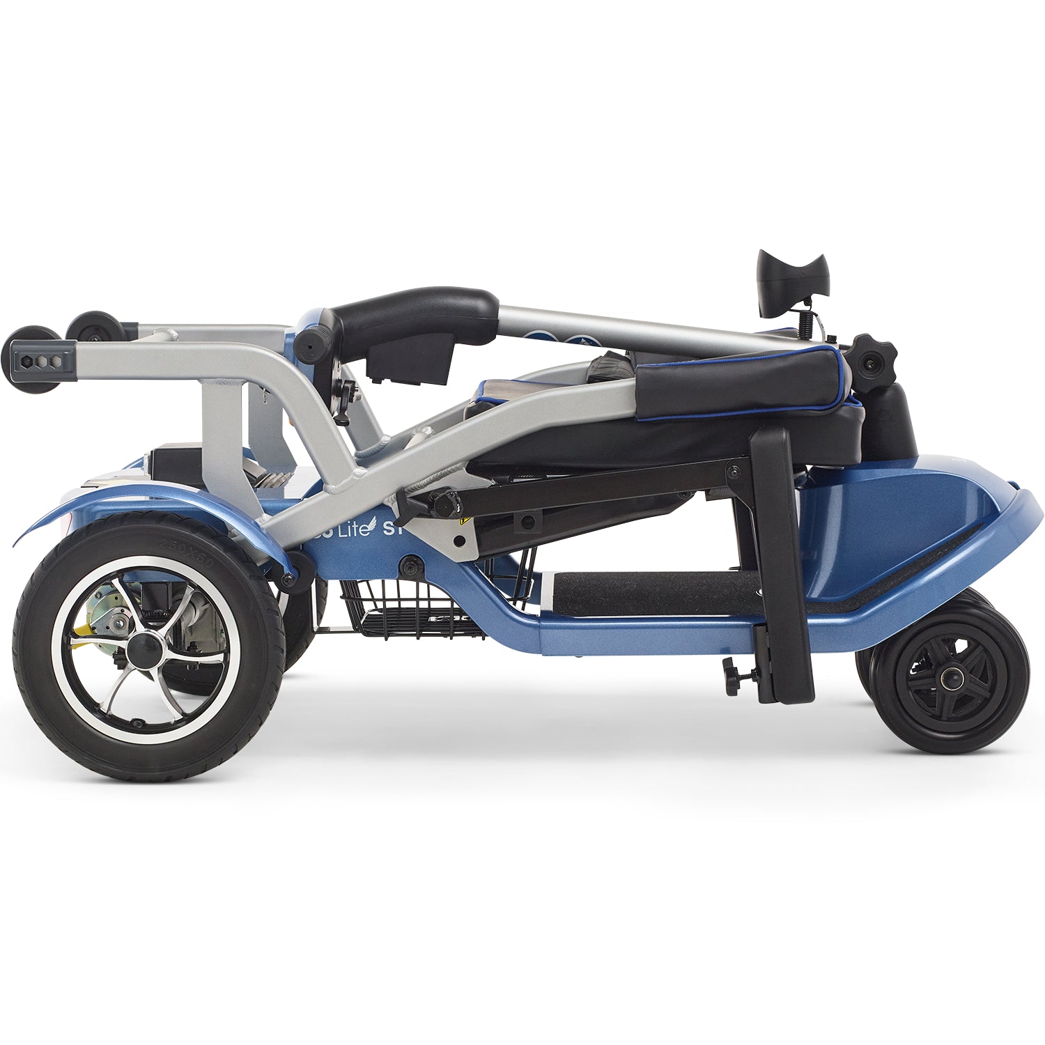 The Journey So Lite Folding Power Scooter is a compact, lightweight blue and silver 3-wheel scooter with electronic stability control, shown fully collapsed for easy transport and storage.