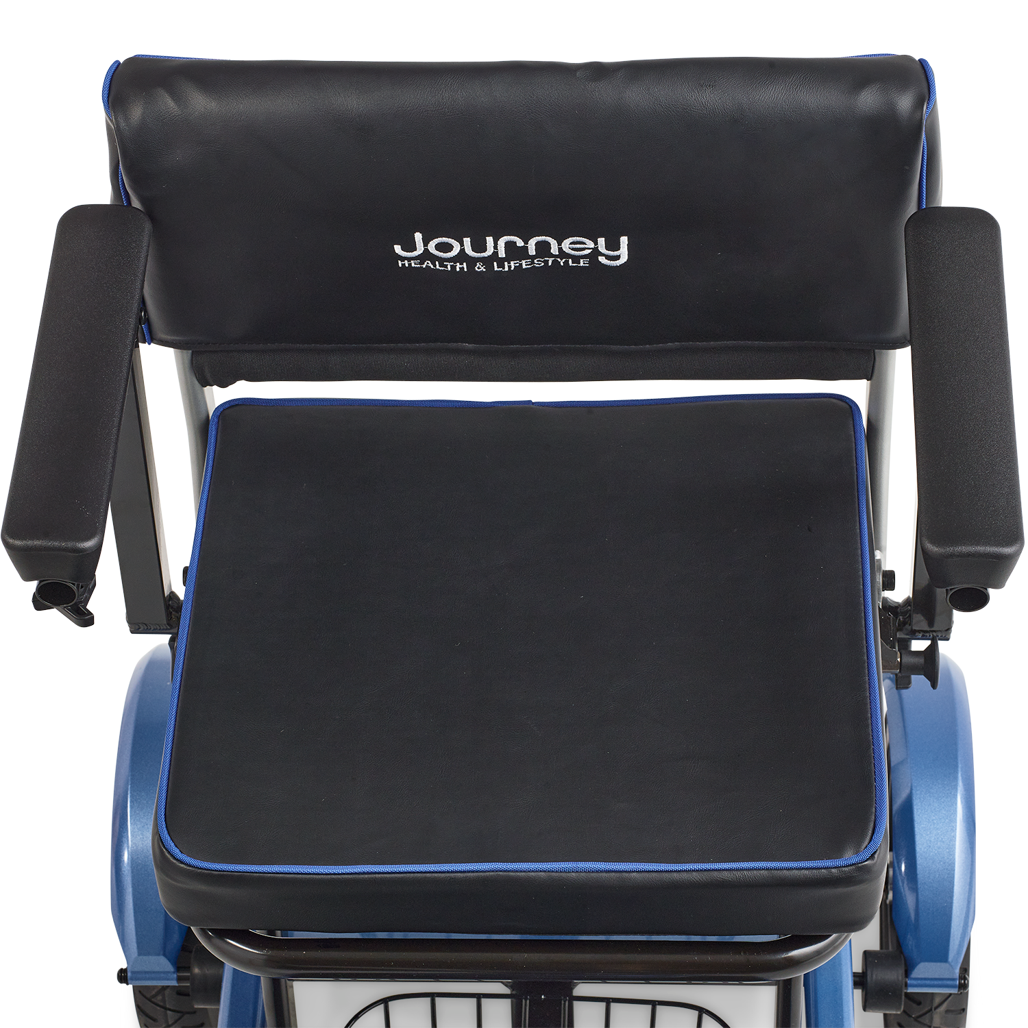 The Journey So Lite Folding Power Scooter features a black and blue seat with padded armrests and backrest, the Journey Health & Lifestyle logo, and a lightweight blue frame inspired by mobility scooters for added comfort and ease of use.