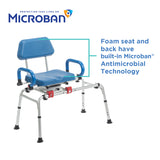 The Journey SoftSecure Rotating Transfer Bench with Microban Protection is a blue and white shower chair for seniors, featuring an adjustable design, backrest, armrests, foam seat and back, and the Microban logo at the top of the image.