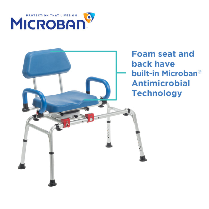 The Journey SoftSecure Rotating Transfer Bench with Microban Protection is a blue and white shower chair for seniors, featuring an adjustable design, backrest, armrests, foam seat and back, and the Microban logo at the top of the image.