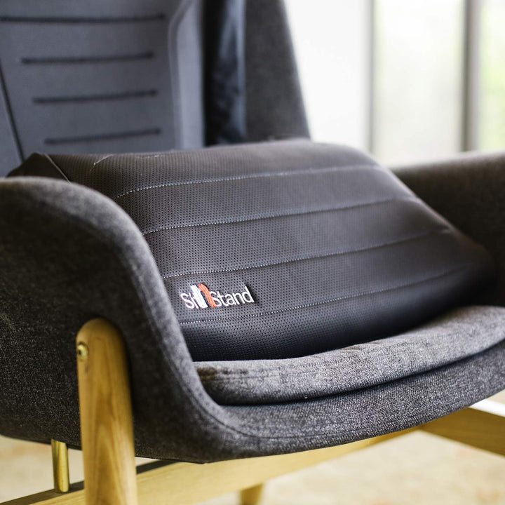 The SitNStand Lift Assist Classic for Home, in black, rests on a gray upholstered chair with wooden armrests by a window bathed in soft natural light.