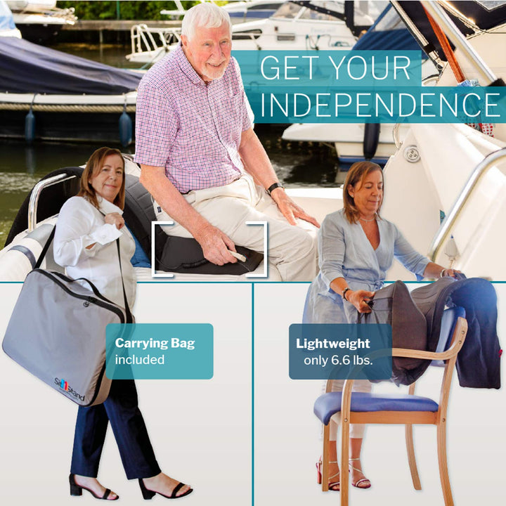 An older man and woman use the SitNStand Lift Assist Classic for Home on a boat ramp. Insets show a woman with the included gray carrying bag and lifting the lightweight, 6.6 lb battery-powered seat lift. Text: GET YOUR INDEPENDENCE.