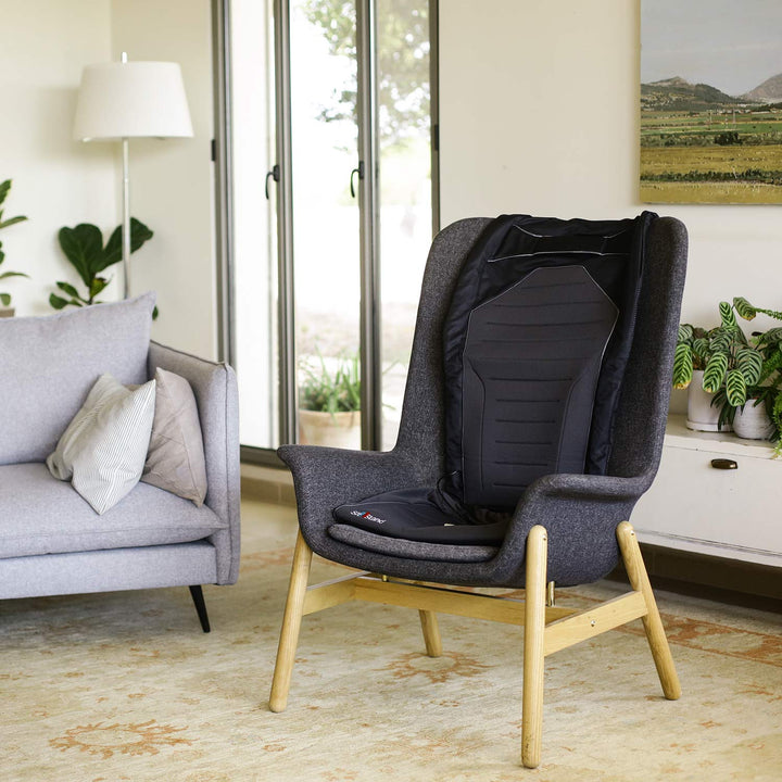 A modern gray armchair features the SitNStand Lift Assist Classic for Home in a bright living room with a light rug, gray sofa, potted plants, large windows, and wall art in the background.