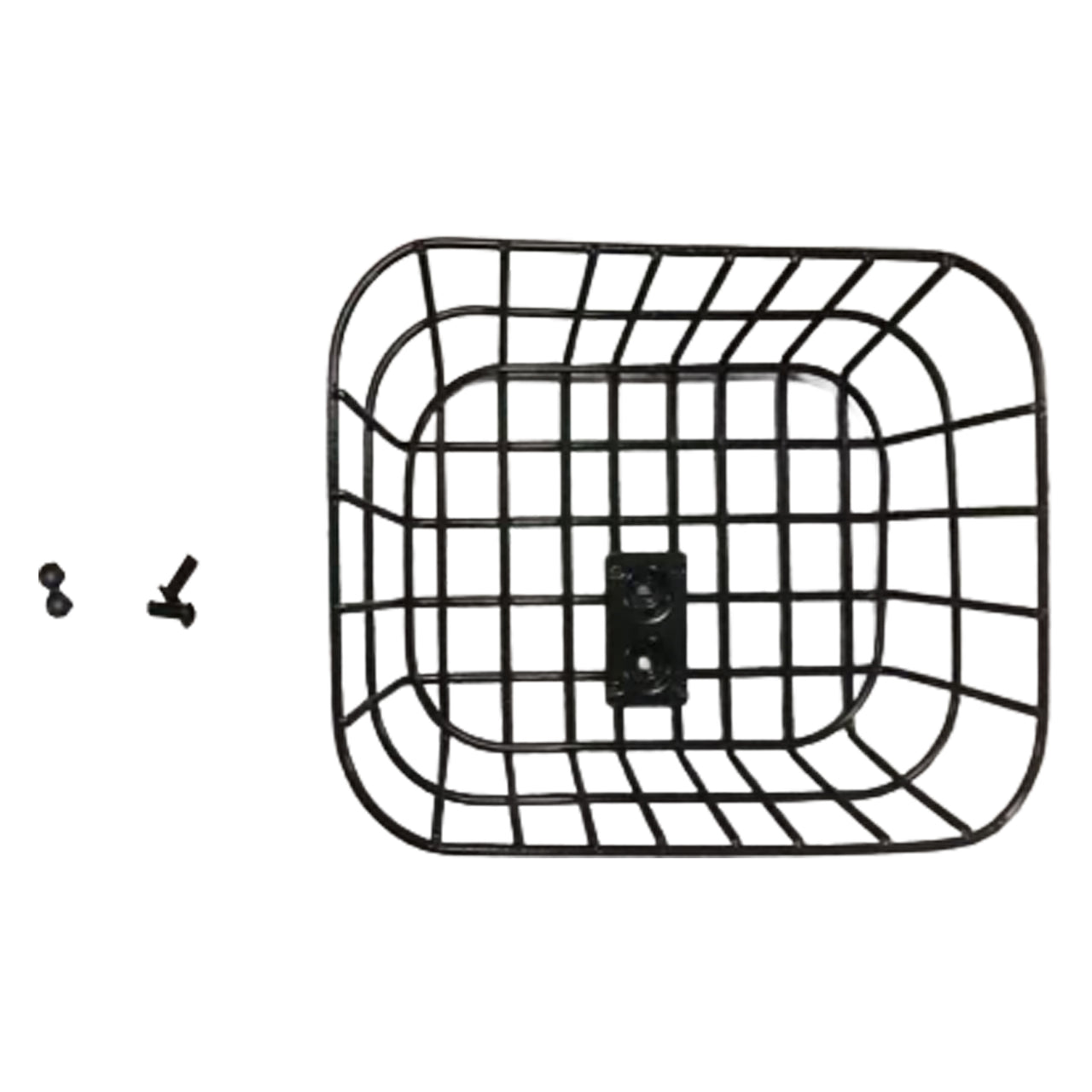 The Journey So Lite Scooter Replacement Basket Sub Assembly is a black metal wire basket with a mounting plate, two screws, and a bolt—perfect as a convenient front storage accessory for your scooter.