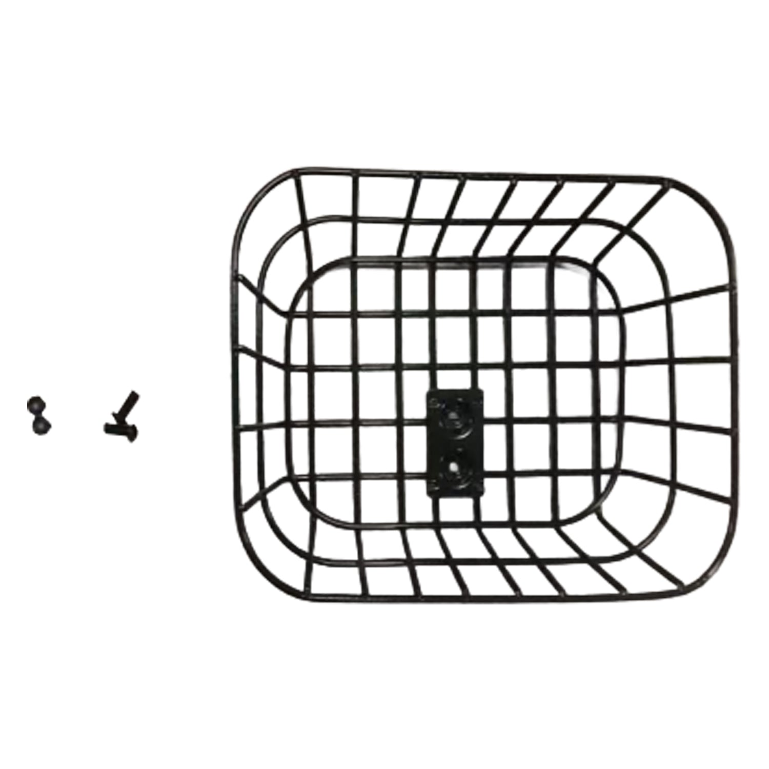 The Journey So Lite Scooter Replacement Basket Sub Assembly is a black metal wire basket with a mounting plate, two screws, and a bolt—perfect as a convenient front storage accessory for your scooter.