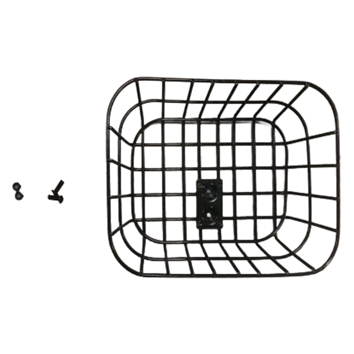The Journey So Lite Scooter Replacement Basket Sub Assembly is a black metal wire basket with a mounting plate, two screws, and a bolt—perfect as a convenient front storage accessory for your scooter.