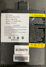 Close-up of a Journey So Lite Scooter Replacement 10Ah Lithium Battery label, 25.9V (269.7Wh), IEC 62133 compliant, with safety warnings, “Made in China,” and yellow icons—ideal as a mobility scooter battery replacement.