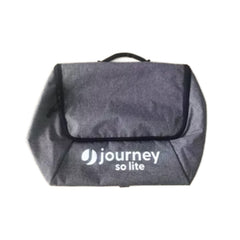 A gray foldable Journey So Lite Power Scooter Rear Bag Replacement with a black handle and flap, featuring a white journey so lite logo on the front. Ideal for use as a mobility scooter bag. Background is plain white.