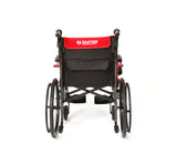 The Journey So Lite® C2 Ultra Lightweight Wheelchair is shown from the back, featuring large rear wheels, a Featherlight Design, and a red backrest with the Journey Health & Lifestyle logo.