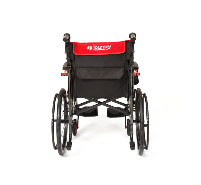 The Journey So Lite® C2 Ultra Lightweight Wheelchair is shown from the back, featuring large rear wheels, a Featherlight Design, and a red backrest with the Journey Health & Lifestyle logo.
