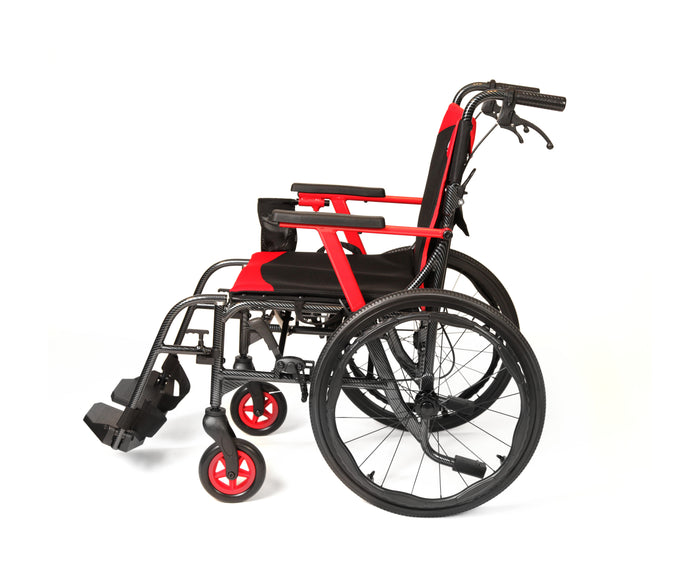 The Journey So Lite® C2 Ultra Lightweight Wheelchair, with a black seat and backrest, red-accented frame and armrests, large rear wheels, and small front casters, offers effortless mobility. Shown side view on a white background.