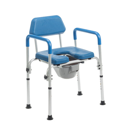The Journey SoftSecure 3-in-1 Commode Chair features blue and silver medical-grade materials, a removable seat, armrests, backrest, and bucket. Ideal for individuals with mobility challenges.