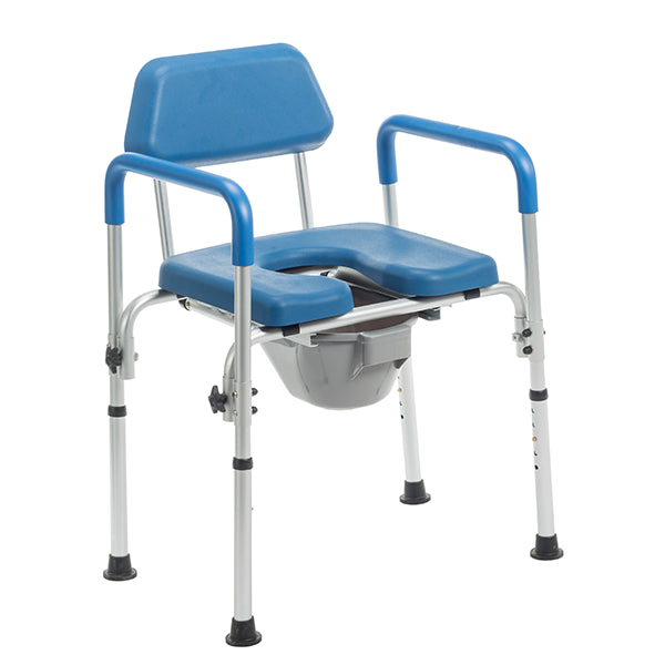 The Journey SoftSecure 3-in-1 Commode Chair for Home & Bedside Use features blue and silver tones, armrests, a padded seat with an open center, backrest, removable bucket, and stable adjustable metal legs with rubber feet.