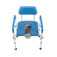 The Journey SoftSecure 3-in-1 Commode Chair with Microban Protection is a blue and white chair with armrests, backrest, open seat, removable bucket, and bedside use—ideal for those with mobility issues while ensuring added hygiene.