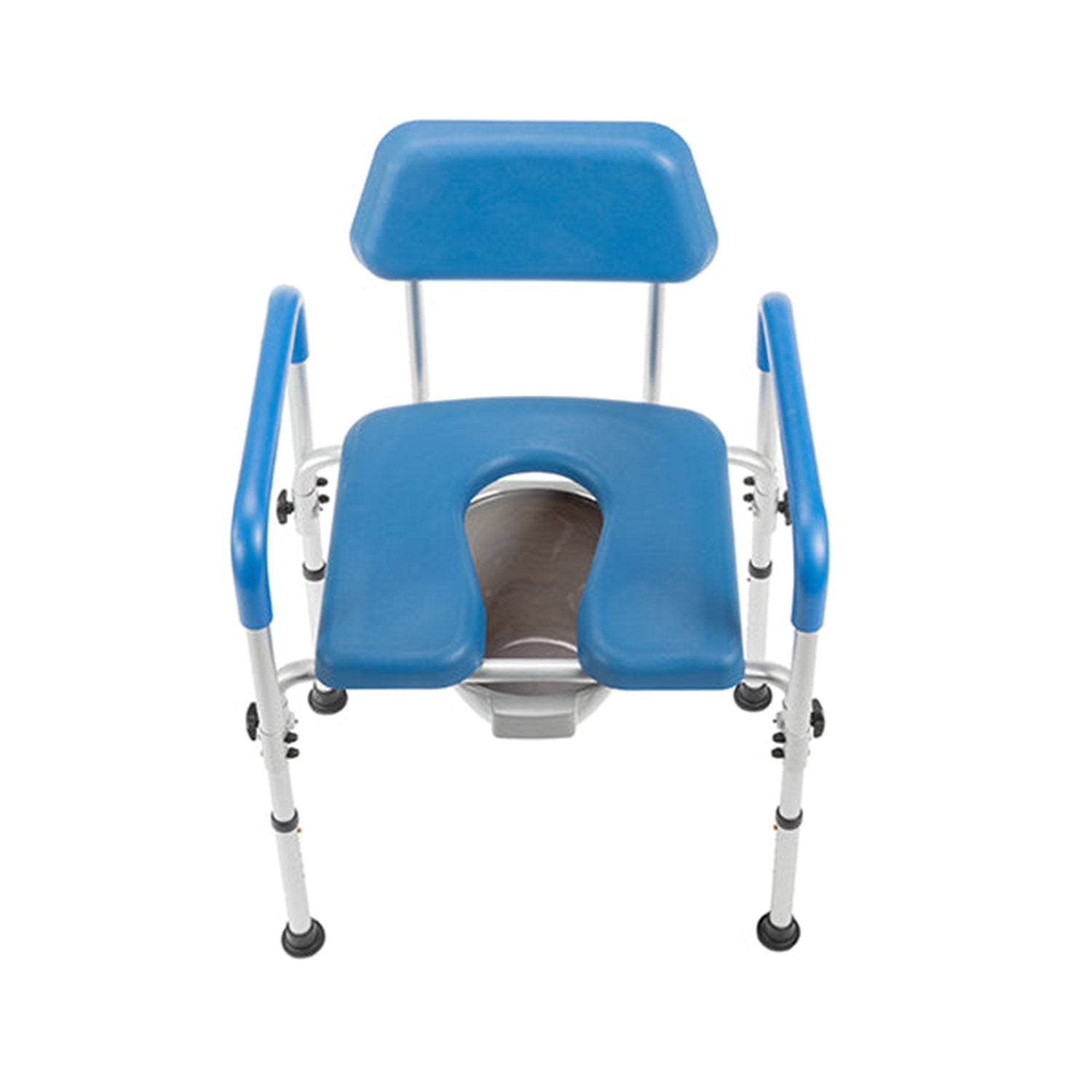 The Journey SoftSecure 3-in-1 Commode Chair is a blue and white chair with armrests, backrest, and open seat, crafted from medical-grade materials for those with mobility needs.