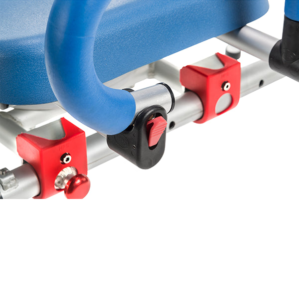 Close-up of the Journey SoftSecure Rotating Transfer Bench with Microban Protection—features a blue padded seat, silver metal frame, and red/black adjustment knobs for safe, easy mobility and access for seniors.