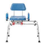The Journey SoftSecure Rotating Transfer Bench with Microban Protection features a blue and silver adjustable design for seniors, with armrests, backrest, sturdy metal frame, contoured seat for comfort, and easy red adjustment knobs.