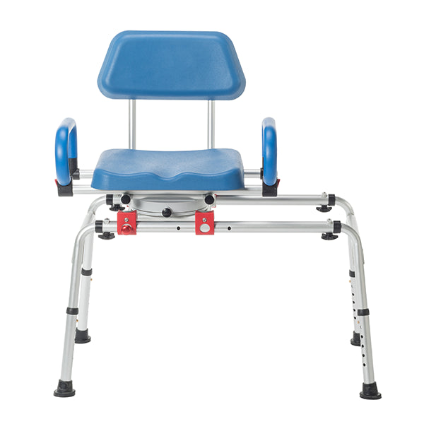 The Journey SoftSecure Rotating Transfer Bench with Microban Protection features a blue and silver adjustable design for seniors, with armrests, backrest, sturdy metal frame, contoured seat for comfort, and easy red adjustment knobs.