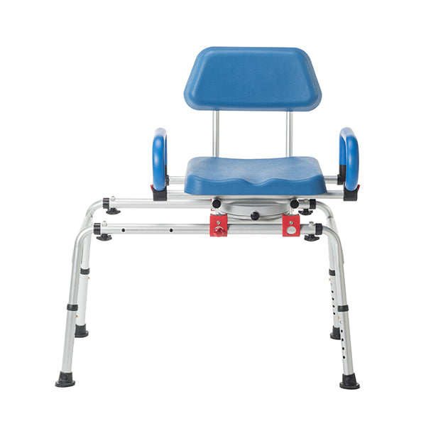 The Journey SoftSecure Rotating Transfer Bench with Microban Protection features a height-adjustable blue seat and armrests, sturdy metal frame, and is designed to assist seniors or those with mobility issues in the bathroom or as a bathtub transfer seat.