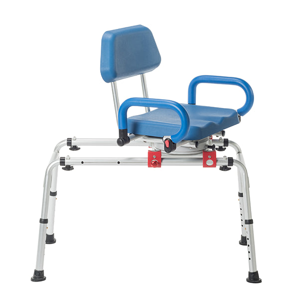 The Journey SoftSecure Rotating Transfer Bench with Microban Protection features a blue padded seat, armrests, backrest, and an adjustable aluminum frame to help seniors or those with limited mobility bathe safely and comfortably.