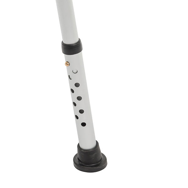 Close-up of an adjustable metal leg with multiple height holes and a black rubber tip, like those on the Journey SoftSecure Rotating Transfer Bench with Microban Protection for seniors.