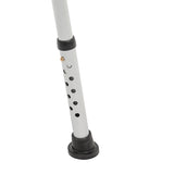 Close-up of an adjustable metal leg with multiple height holes and a black rubber tip, like those on the Journey SoftSecure Rotating Transfer Bench with Microban Protection for seniors.