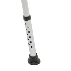 Close-up of an adjustable metal leg with multiple height holes and a black rubber tip, like those on the Journey SoftSecure Rotating Transfer Bench with Microban Protection for seniors.