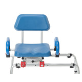 The Journey SoftSecure Rotating Transfer Bench with Microban Protection is a blue plastic shower chair featuring armrests, a backrest, and a silver adjustable frame with red knobs for safe, accessible bathing support for seniors.