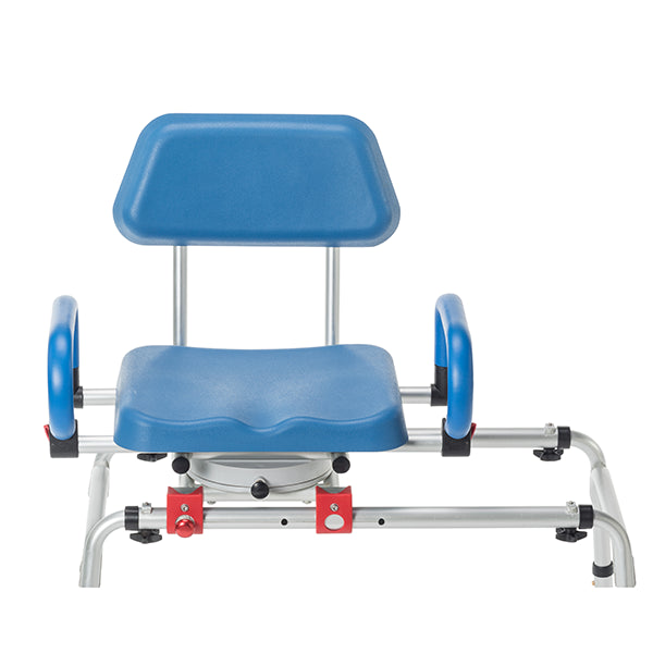 The Journey SoftSecure Rotating Transfer Bench with Microban Protection is a blue plastic shower chair featuring armrests, a backrest, and a silver adjustable frame with red knobs for safe, accessible bathing support for seniors.