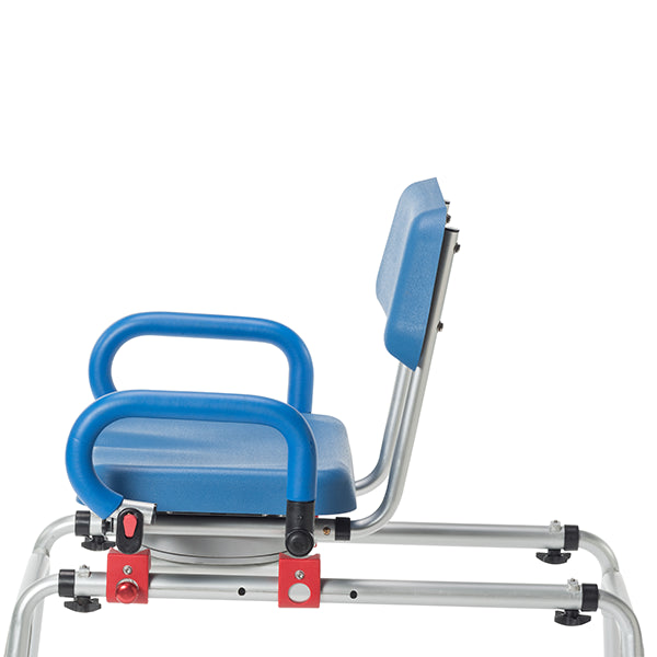 A side view of the Journey SoftSecure Rotating Transfer Bench with Microban Protection, featuring blue and silver colors, armrests, molded plastic seat and backrest, metal frame, adjustment knobs, and a swivel mechanism.