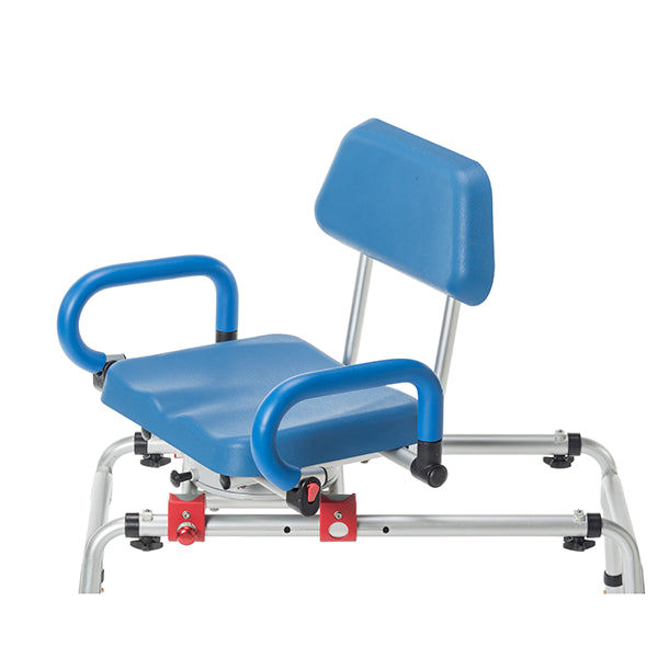 The Journey SoftSecure Rotating Transfer Bench with Microban Protection offers seniors a blue padded seat with armrests and backrest, on a lightweight adjustable frame with support bars for safe, comfortable use.