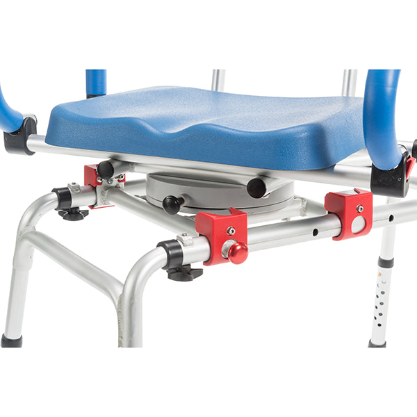 Close-up of the Journey SoftSecure Rotating Transfer Bench with Microban Protection, featuring a blue seat with armrests, adjustable red brackets, silver metal frame, and circular swivel mechanism.