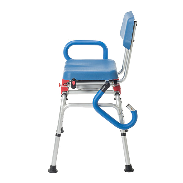 Side view of the Journey SoftSecure Rotating Transfer Bench with Microban Protection in blue, featuring a padded seat, metal legs, fold-down armrest, and backrest—designed for medical or accessibility needs.
