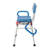 Side view of the Journey SoftSecure Rotating Transfer Bench with Microban Protection in blue, featuring a padded seat, metal legs, fold-down armrest, and backrest—designed for medical or accessibility needs.