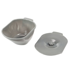 The Journey SoftSecure Uplift Toilet Assist Commode – Safer Transfers features a gray design with a plastic mixing bowl, matching lid with central knob, and small handles for easy use, offering practical bedside commode functionality.
