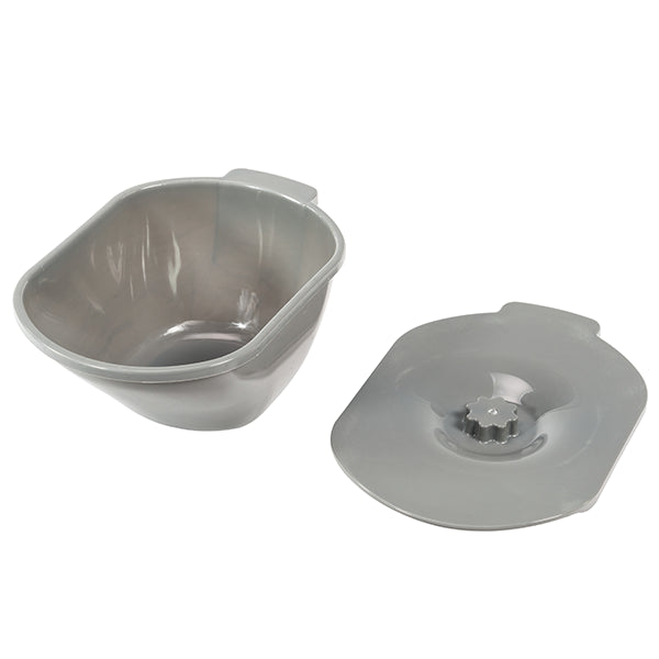 A Journey SoftSecure Uplift Toilet Assist Commode in gray plastic with a matching lid beside it. The lid includes a central knob for easy removal, a handy tab, and 3-in-1 versatility to meet diverse bathroom needs.