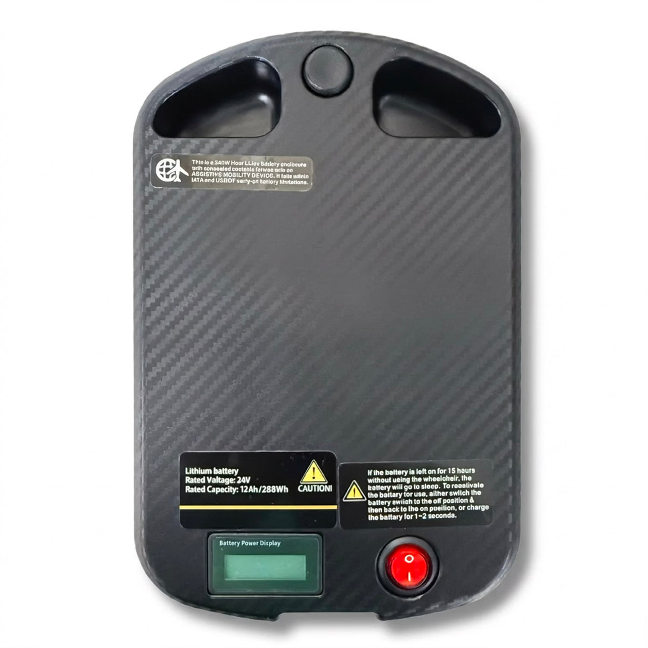 Air Elite Max Battery with warning labels and view of on off button on a white background