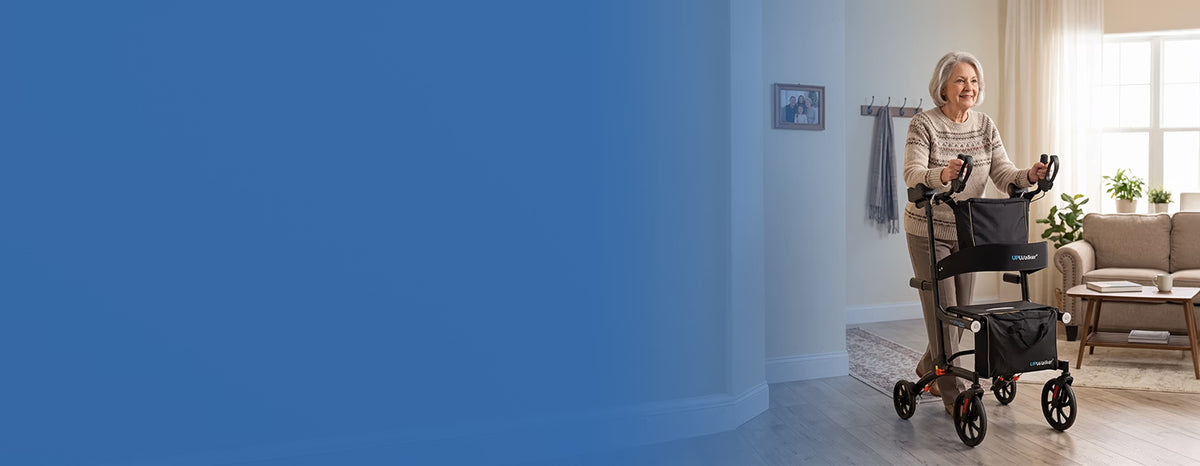 An elderly woman using a UPWalker rollator walker in a bright, modern living room with a blue graphic overlay on the left side.