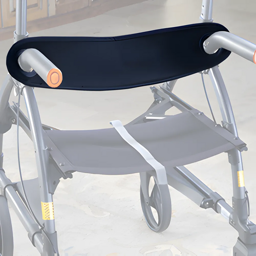 Close-up of the UPWalker® Standard - Backrest Support in gray with a black backrest and padded seat, featuring two wheels and hand grips. The blurred background emphasizes its comfortable seating and enhanced back support.