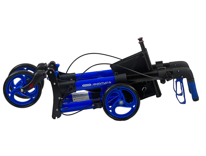 The Breeze Rollator is a folded blue and black lightweight mobility aid with large wheels and a handle, designed for easy transport and storage.