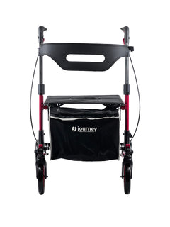 A Breeze Rollator, red and lightweight with four wheels, black handlebar, and a black storage bag labeled journey under the seat, is shown from the front against a white background.