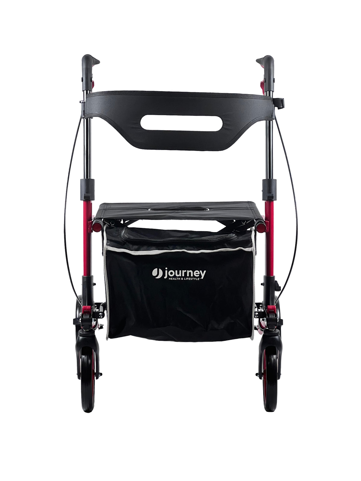 A Breeze Rollator, red and lightweight with four wheels, black handlebar, and a black storage bag labeled journey under the seat, is shown from the front against a white background.