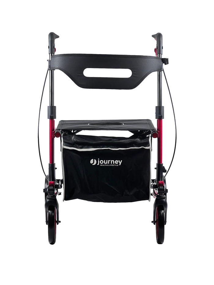 A Breeze Rollator, red and lightweight with four wheels, black handlebar, and a black storage bag labeled journey under the seat, is shown from the front against a white background.