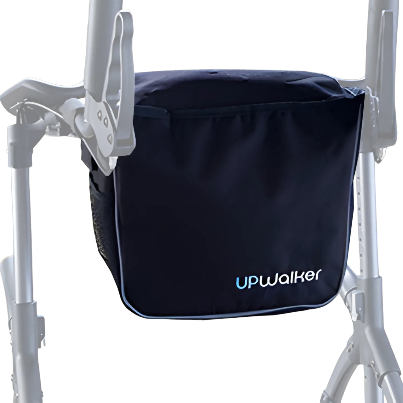 A UPWalker® Luxury Personal Bag in black, attached to the front of a gray walker, offers secure storage and features the UPWalker logo on its flap.
