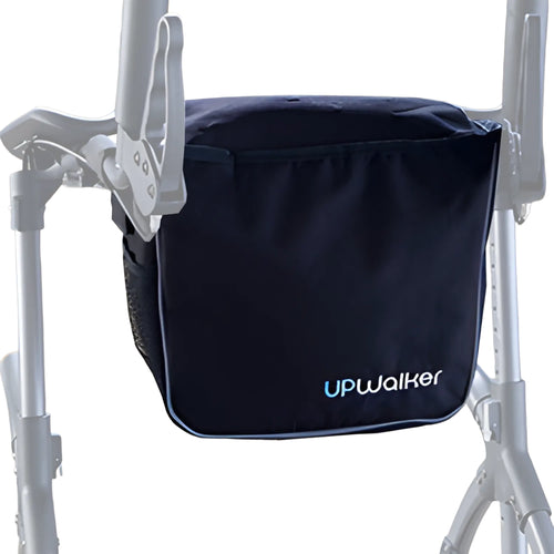 The UPWalker® Luxury Personal Bag in black attaches securely to a walker frame, displaying the UPWalker logo in blue and white. This stylish accessory adds practical storage to your UPWalker.