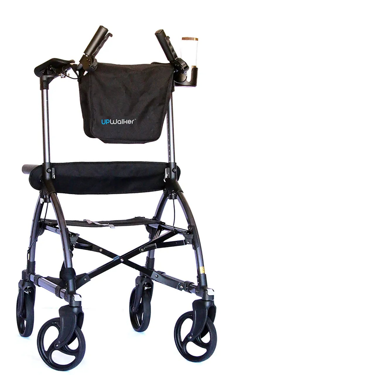 The Open Box UPWalker® Original, a black upright walker with four wheels, hand brakes, seat, storage pouch featuring the UPWalker logo, and cup holder, is displayed against a white background.